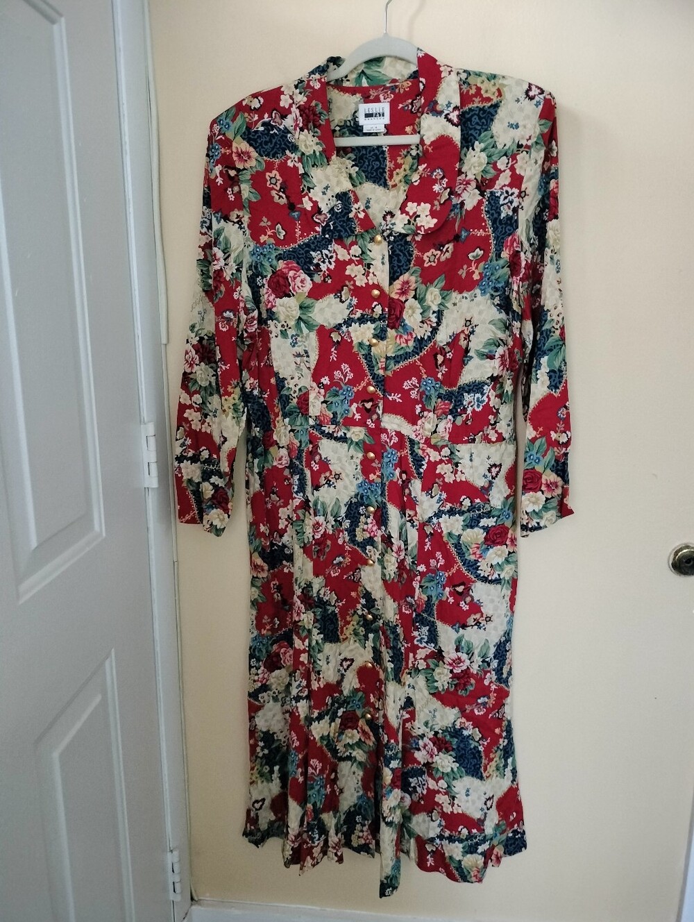 Vintage Leslie Fay Burgundy Blue Floral Button Down Midi Dress 16 Office Modest